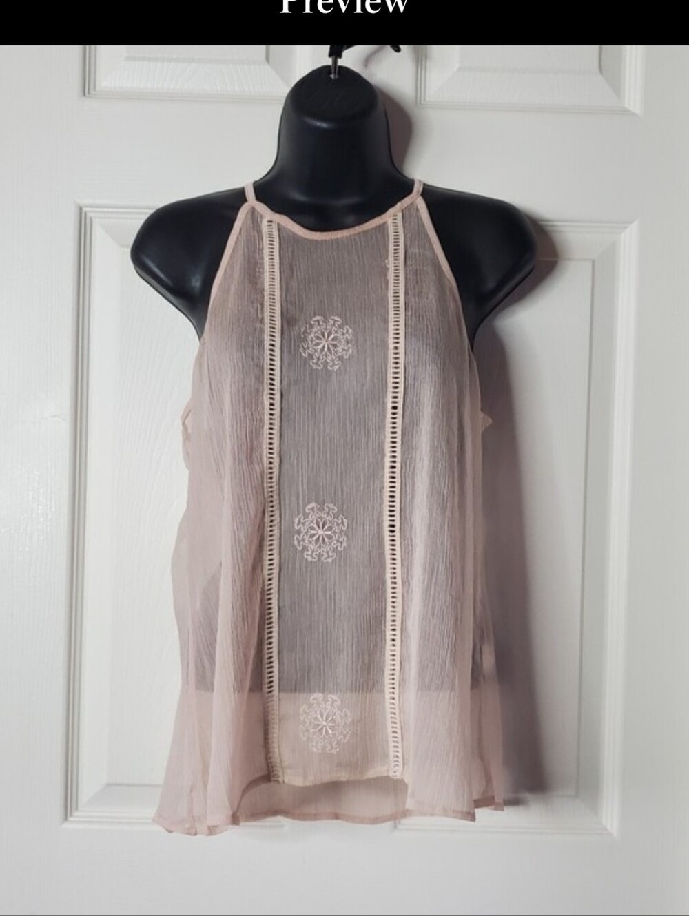 Sheer Blush Pink Embroidered Halter Tank Gauzy Boho Flowy Fairy Size Small